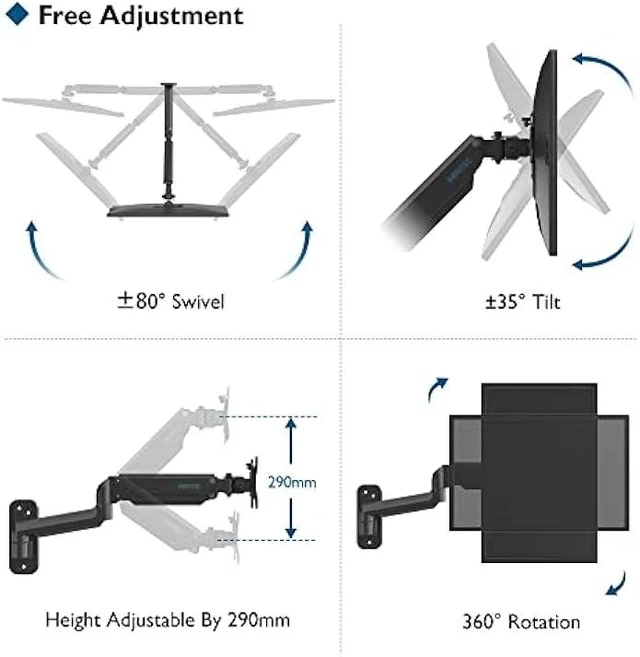 Alt view image 8 of 12 - BONTEC Monitor Wall Mount Bracket for 13 to 42 Inch Screens, Gas Spring Arm Wall Mount, Height Adjustable Articulating Single Arm Wall Stand with VESA Extended Arm Up to 22.2 Inch, Max VESA 200x200