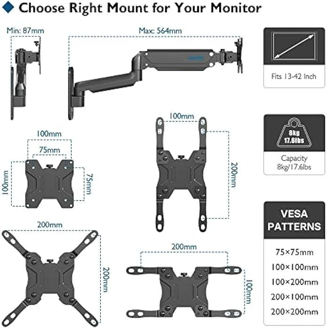 Alt view image 11 of 12 - BONTEC Monitor Wall Mount Bracket for 13 to 42 Inch Screens, Gas Spring Arm Wall Mount, Height Adjustable Articulating Single Arm Wall Stand with VESA Extended Arm Up to 22.2 Inch, Max VESA 200x200