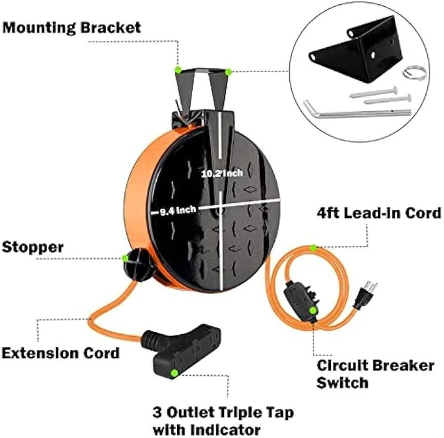 Alt view image 12 of 12 - EP 30 Ft Retractable Extension Cord Reel, 16/3 SJTW Power Cord with 3 Electrical Outlets, Ceiling or Wall Mount, 10 Amp Circuit Breaker, Metal Plate, UL Listed, Orange