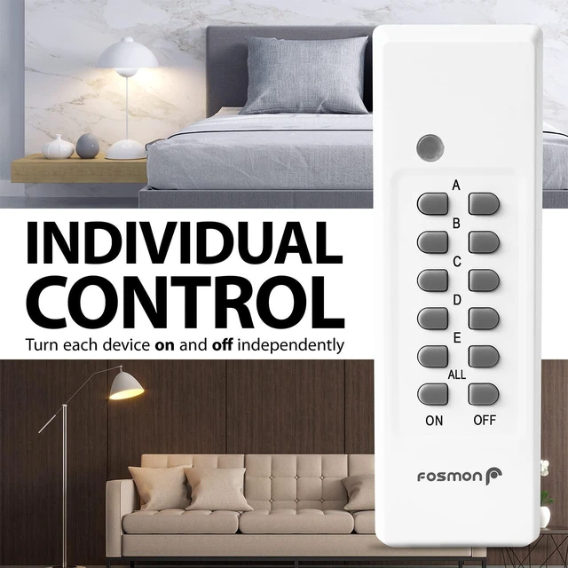 Alt view image 12 of 14 - Fosmon Wireless Remote Control Electrical Outlet Switch (5 Pack + 2 Remotes) -ETL Listed, (15A, 125V 1800W) Remote Light Switch Outlet Plug for Lamp, Lights, Fans, Household Appliances, Expandable