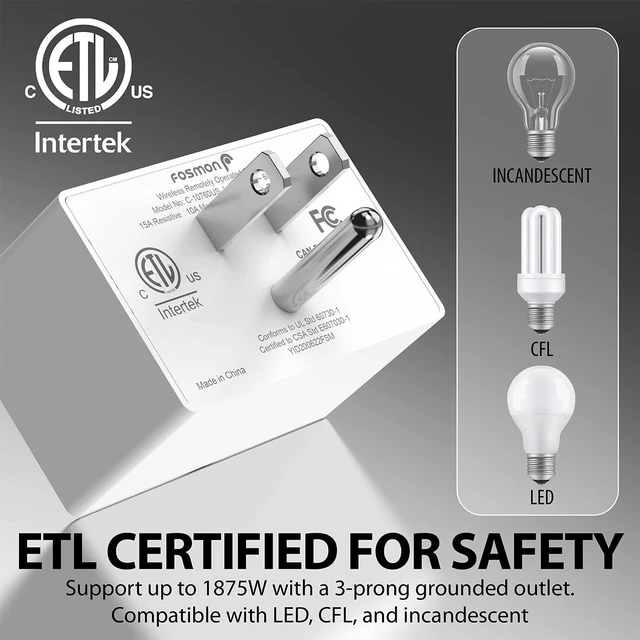 Alt view image 14 of 14 - Fosmon Wireless Remote Control Electrical Outlet Switch (5 Pack + 2 Remotes) -ETL Listed, (15A, 125V 1800W) Remote Light Switch Outlet Plug for Lamp, Lights, Fans, Household Appliances, Expandable
