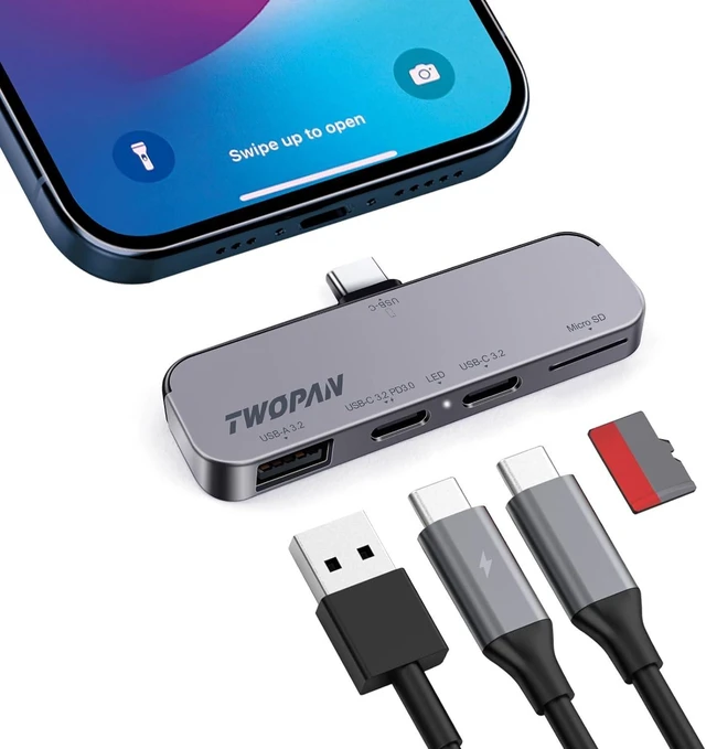 Alt view image 8 of 14 - USB C iPhone Hub for ProRes Video Recording - Ultra-Slim Aluminum USB 3.2, Dual USB-C, Micro SD, and Charging Port Hub for iPhone 15 Pro/Pro Max