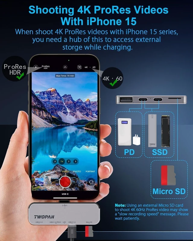 Alt view image 10 of 14 - USB C iPhone Hub for ProRes Video Recording - Ultra-Slim Aluminum USB 3.2, Dual USB-C, Micro SD, and Charging Port Hub for iPhone 15 Pro/Pro Max