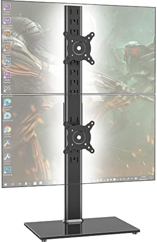 Alt view image 7 of 12 - Dual Monitor Stand - Vertical Stack Screen Free-Standing Desk Mount Arm Riser Fits Two 13 to 34 Inch Computer Monitors with Swivel, Tilt, Height Adjustable, VESA Stand 100 x 100mm, 75 x 75mm AX05TB02