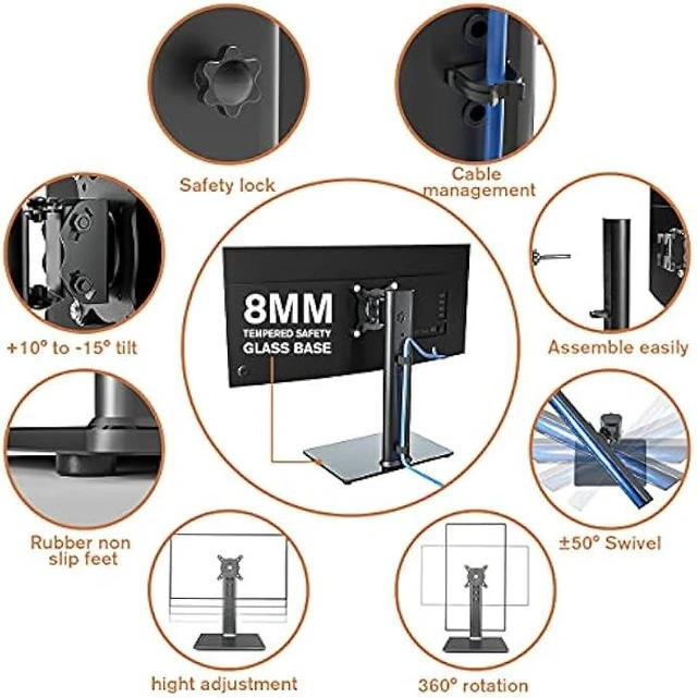 Alt view image 8 of 12 - 2 Pack Single LCD Computer Monitor Free-Standing Desk Stand Riser for 13 inch to 32 inch Screen with Swivel, Height Adjustable, Rotation, Holds One (1) Screen up to 77Lbs(HT05B-201)