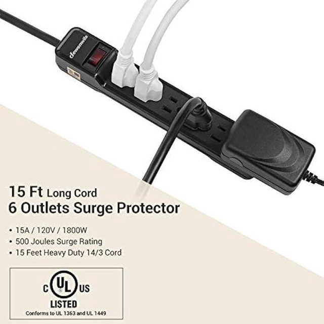 Alt view image 9 of 14 - DEWENWILS 2-Pack Power Strip Surge Protector,15 Ft Extra Long Extension Cord, Low Profile Flat Plug,15 Amp Circuit Breaker, 500 Joules, Wall Mount, Black, UL Listed