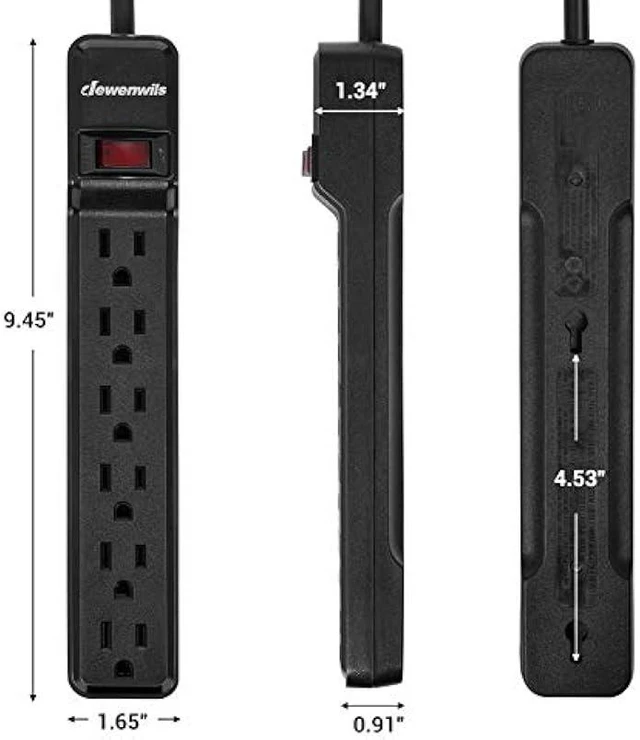Alt view image 14 of 14 - DEWENWILS 2-Pack Power Strip Surge Protector,15 Ft Extra Long Extension Cord, Low Profile Flat Plug,15 Amp Circuit Breaker, 500 Joules, Wall Mount, Black, UL Listed