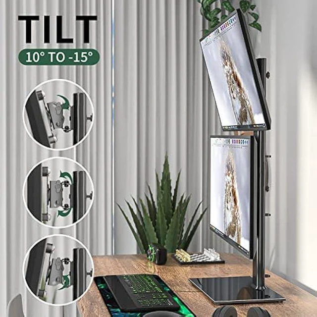 Alt view image 10 of 12 - Dual Monitor Stand - Vertical Stack Screen Free-Standing Desk Mount Arm Riser Fits Two 13 to 34 Inch Computer Monitors with Swivel, Tilt, Height Adjustable, VESA Stand 100 x 100mm, 75 x 75mm AX05TB02