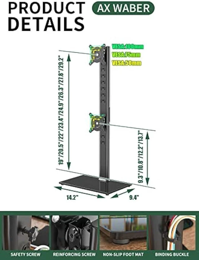 Alt view image 12 of 12 - Dual Monitor Stand - Vertical Stack Screen Free-Standing Desk Mount Arm Riser Fits Two 13 to 34 Inch Computer Monitors with Swivel, Tilt, Height Adjustable, VESA Stand 100 x 100mm, 75 x 75mm AX05TB02