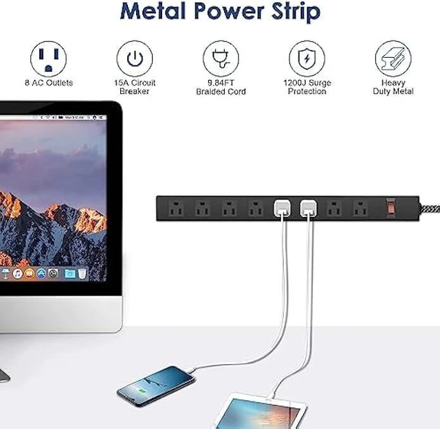 Alt view image 8 of 12 - Metal 8 Outlet Mountable Power Strip with Switch,Wide Spaced Heavy Duty Wall Mount Power Strip Surge Protector 1200J,10FT 14AWG Braided Cord 15A 125V 1875W for Home Office Industrial Garage Commercial