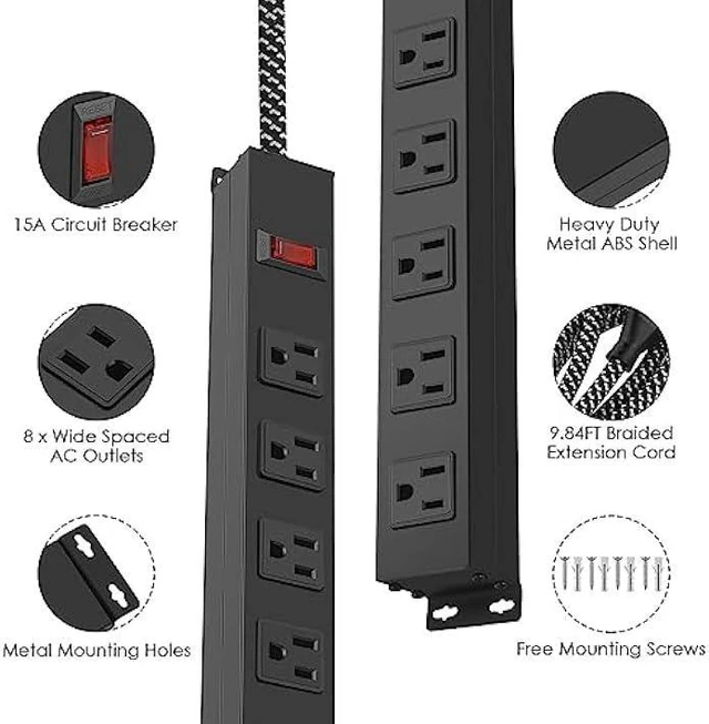 Alt view image 12 of 12 - Metal 8 Outlet Mountable Power Strip with Switch,Wide Spaced Heavy Duty Wall Mount Power Strip Surge Protector 1200J,10FT 14AWG Braided Cord 15A 125V 1875W for Home Office Industrial Garage Commercial