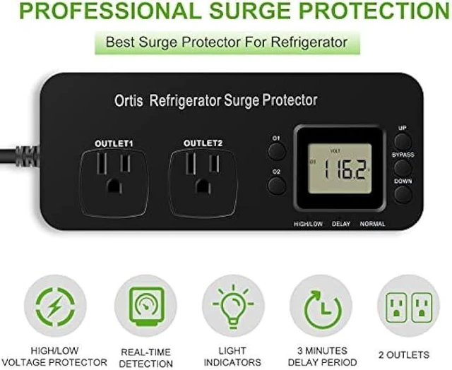 Alt view image 9 of 14 - Refrigerator Surge Protector, Ortis Double Outlet Electronic Surge Protector for Home Appliances with Time Delay & Real-Time Electricity Usage Monitor, Protects All Voltage Abnormalities