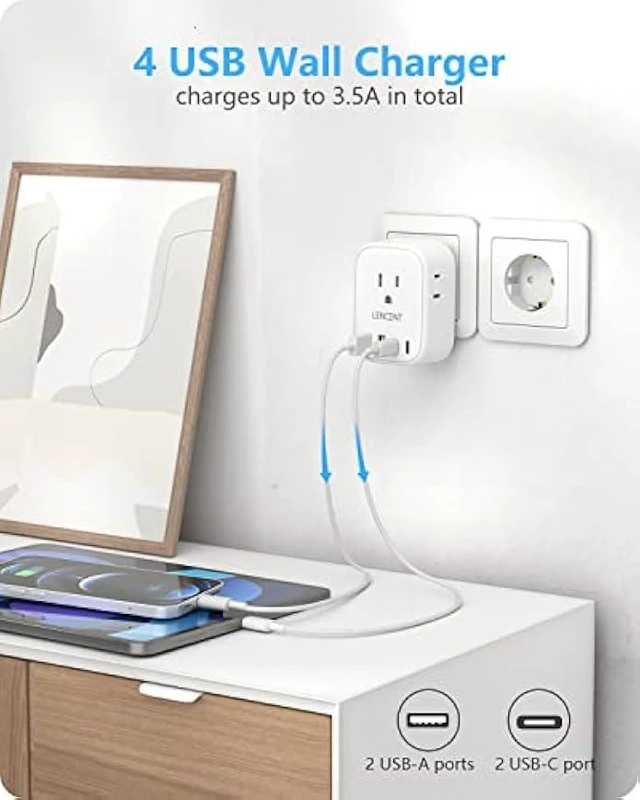 Alt view image 11 of 12 - 2 Pack European Travel Plug Adapter, LENCENT International Type-C Foldable Power Plug with 4 Outlets, USB C Charger Adaptor, US to Most of Europe EU Iceland Spain Italy France Germany, Cruise Approved