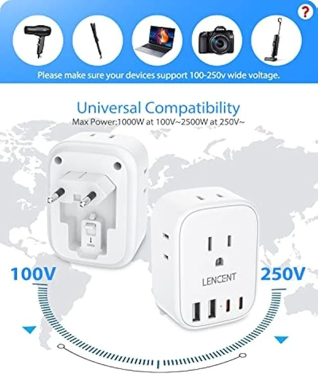 Alt view image 12 of 12 - 2 Pack European Travel Plug Adapter, LENCENT International Type-C Foldable Power Plug with 4 Outlets, USB C Charger Adaptor, US to Most of Europe EU Iceland Spain Italy France Germany, Cruise Approved