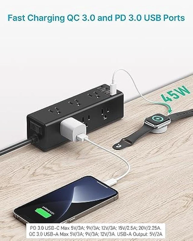 Alt view image 10 of 14 - CCCEI Desk Clamp Power Strip with 9 Outlets, Desktop Edge Mount Surge Protector with USB-A and 45W USB-C Ports, Widely Spaced Desk Outlet Fast Charging Station, 10 FT Flat Plug, Fit 1.6 inch Table.