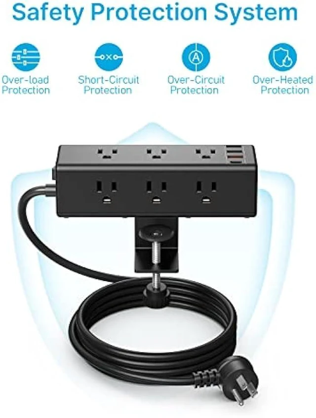 Alt view image 14 of 14 - CCCEI Desk Clamp Power Strip with 9 Outlets, Desktop Edge Mount Surge Protector with USB-A and 45W USB-C Ports, Widely Spaced Desk Outlet Fast Charging Station, 10 FT Flat Plug, Fit 1.6 inch Table.