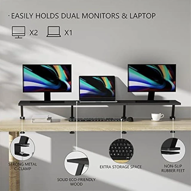 Alt view image 9 of 14 - Extra-Large 45-Inch Wood Clamp On Desk Monitor Shelf with Spacious Storage Space - Fits 60-inch or Dual 32-inch Screens, C-Clamp Design with Rubber Pad, Max Load 44lbs