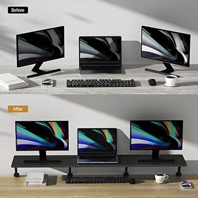 Alt view image 12 of 14 - Extra-Large 45-Inch Wood Clamp On Desk Monitor Shelf with Spacious Storage Space - Fits 60-inch or Dual 32-inch Screens, C-Clamp Design with Rubber Pad, Max Load 44lbs