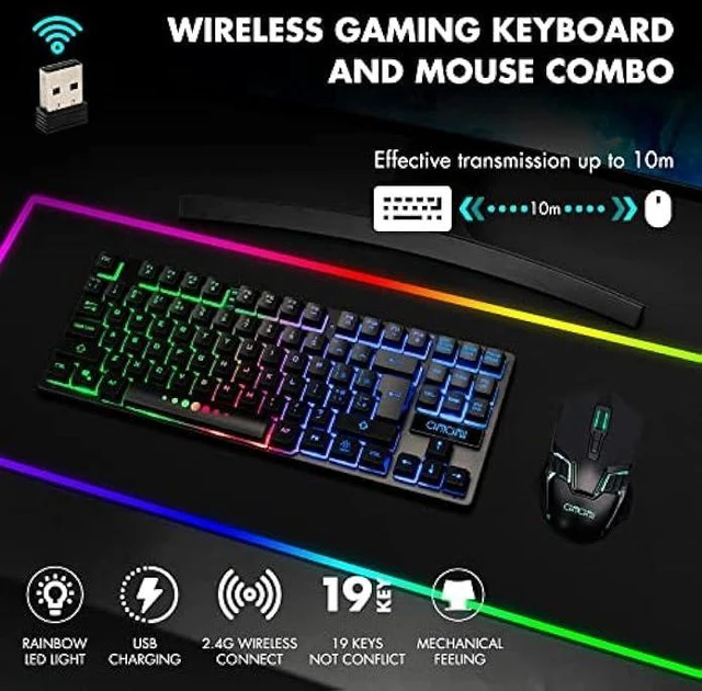 Alt view image 9 of 14 - Gaming Wireless TKL Keyboard Mouse Combo Rechargeable LED Backlit Tenkeyless Compact 87 Keys 6 Button for Computer Laptop PS4 PS5 Switch Compatible with Windows XP/7/8/10 iMac MacBook Xbox one X