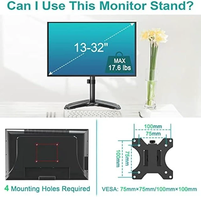 Alt view image 11 of 12 - MOUNT PRO Single Monitor Stands Fits 13-32 inch/17.6 lbs Screen, Free Standing Computer Monitor Mount, Monitor Desk Stand with Adjustable Height/Tilt/Swivel/Rotation, VESA Monitor Stand 75x75 100x100