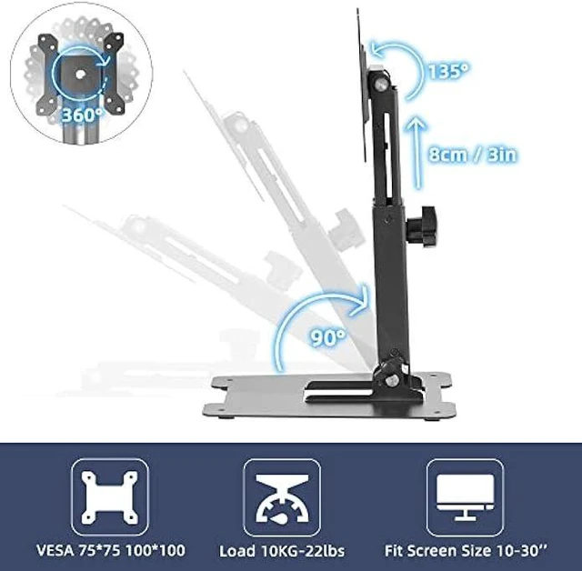 Alt view image 9 of 12 - Wearson Folding Monitor Stand - Height Adjustable Vesa Monitor Stand, Tilt, Rotation Free Standing Low Profile Desk Mount for Single Monitor up to 28 inch Screens Upgrade WS-03T