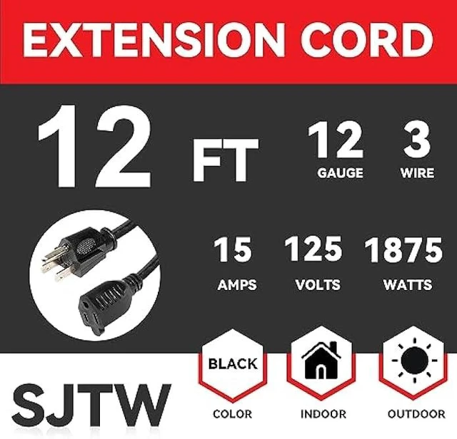 Alt view image 9 of 14 - EP 12 Ft Outdoor Extension Cord - 12/3 SJTW Heavy Duty Black Extension Cable with 3 Prong Grounded Plug - Power Cord for Lawn, Garden, Appliances