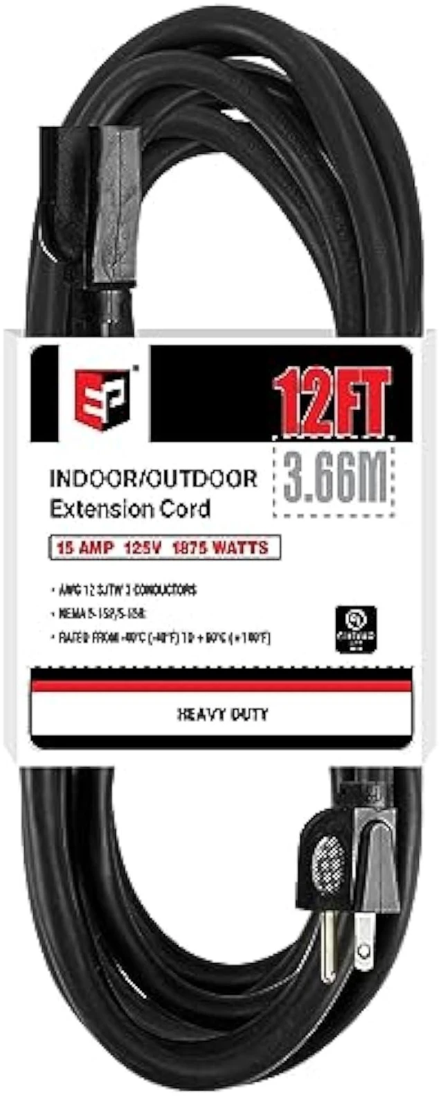 Alt view image 8 of 14 - EP 12 Ft Outdoor Extension Cord - 12/3 SJTW Heavy Duty Black Extension Cable with 3 Prong Grounded Plug - Power Cord for Lawn, Garden, Appliances