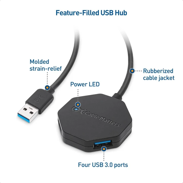 Alt view image 11 of 14 - Cable Matters Ultra Mini 4 Port USB Hub with Long 4 ft Extension Cable Tail (USB 3.0 Hub, USB Extension Hub, USB Hub Long Cord, USB Extension Cable Multiple Port) in Black