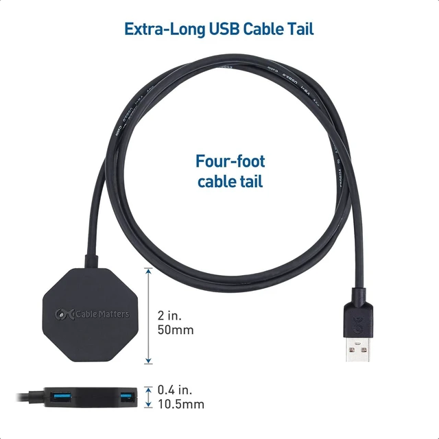Alt view image 13 of 14 - Cable Matters Ultra Mini 4 Port USB Hub with Long 4 ft Extension Cable Tail (USB 3.0 Hub, USB Extension Hub, USB Hub Long Cord, USB Extension Cable Multiple Port) in Black