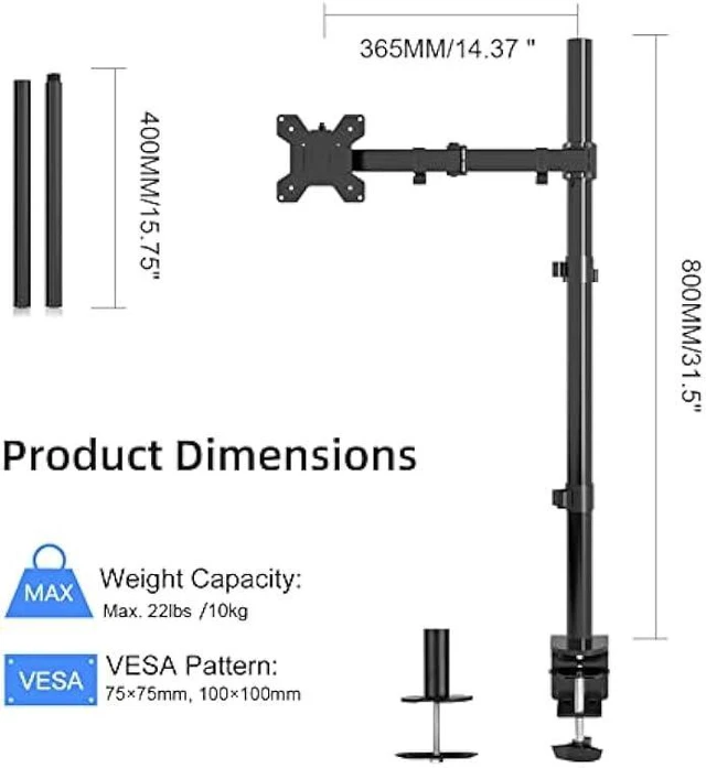 Alt view image 8 of 12 - Suptek Single LED LCD Monitor Stand up Desk Mount for 1 / One Screen up to 27 inch Extra Tall 31.5 inch Pole Heavy Duty Fully Adjustable Stand (MD6821)