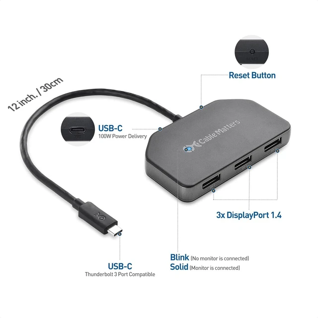 Alt view image 9 of 14 - Cable Matters Triple Monitor USB C Hub with 3X DisplayPort and 100W Charging - Support up to 8K and 4K 120Hz HDR - Thunderbolt 4, USB4 Compatible for Surface Pro, XPS (Windows Only)