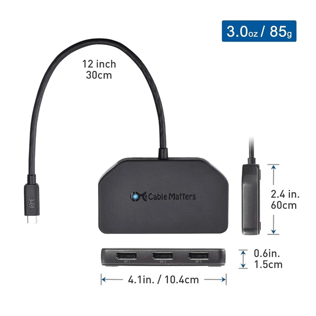 Alt view image 14 of 14 - Cable Matters Triple Monitor USB C Hub with 3X DisplayPort and 100W Charging - Support up to 8K and 4K 120Hz HDR - Thunderbolt 4, USB4 Compatible for Surface Pro, XPS (Windows Only)