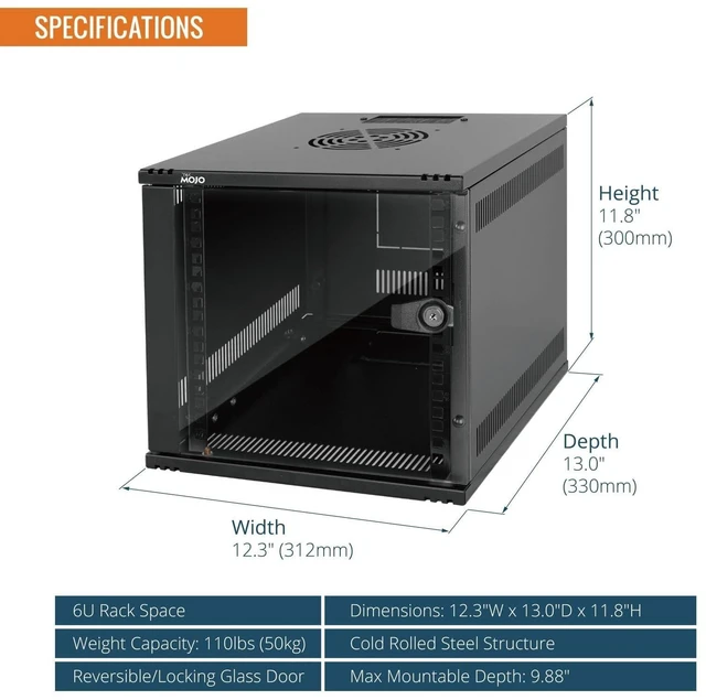 Alt view image 7 of 10 - Tecmojo 6U 10 inch Rack, Wall Mount Network Cabinet Set,12.3W x 13D x 11.8H- Load Capacity 110Lbs(50 kg),Black 10" Wall Housing Server Rack Set