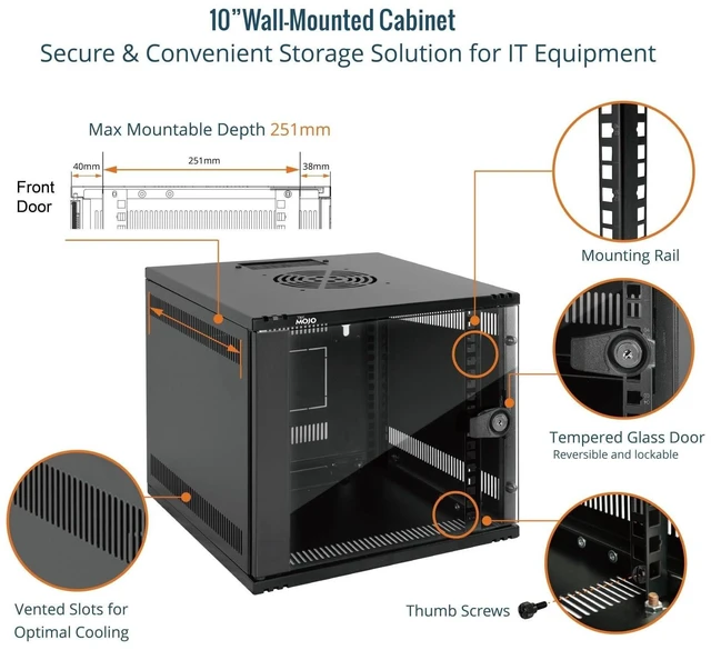 Alt view image 8 of 10 - Tecmojo 6U 10 inch Rack, Wall Mount Network Cabinet Set,12.3W x 13D x 11.8H- Load Capacity 110Lbs(50 kg),Black 10" Wall Housing Server Rack Set