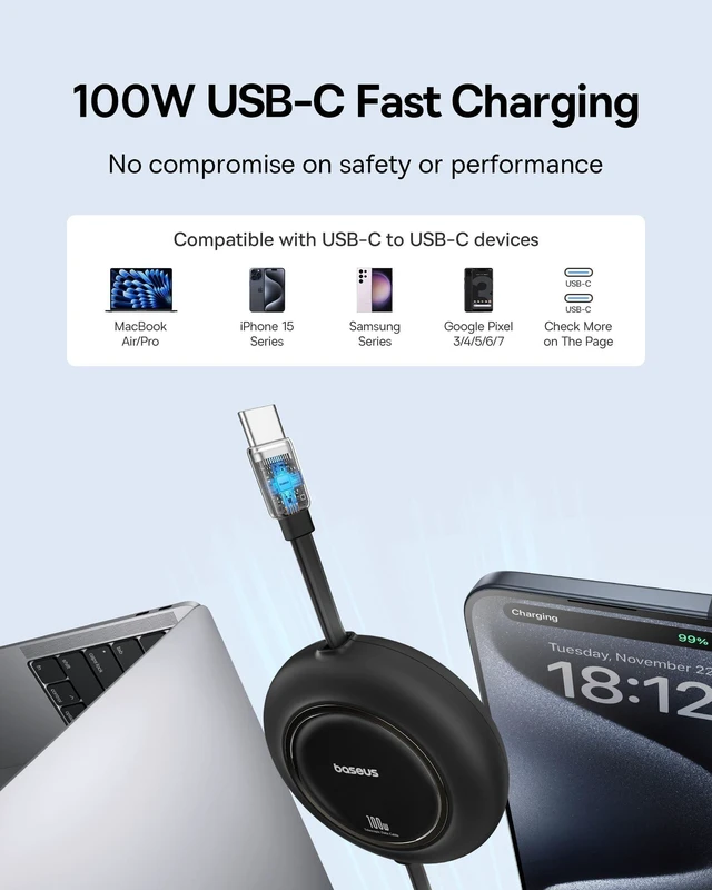 Alt view image 7 of 10 - Baseus USB C to USB C Cable, 100W 6.6ft Retractable USB C Fast Charging Cable, 7-Stage Length Preset Retractable Charger Cord for iPhone 16 15 Pro Plus Pro Max, MacBook, iPad Pro, Samsung S24/S23