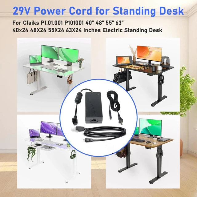 Alt view image 7 of 10 - Power Adapter 2-Pin for Claiks P1.01.001 P101001 40" 48" 55" 63" 40x24 48X24 55X24 63X24 Inches Electric Standing Desk Adjustable Height Stand up Desk YH-K290018-C Power Supply Cord Charger PSU