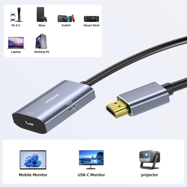 Alt view image 8 of 10 - Maqze 8K@30Hz HDMI 2.1 to USB-C Adapter, 4K@144Hz, 0.5m Graphene Cable with PD 65W Charging,HDMI Male to Type-C Female for USBC Monitor, Laptop, PS5, Xbox