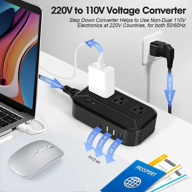 Alt view image 7 of 10 - Voltage Converter 2300W Power Converter 220v to 110v w/ 3 USB + 1 Type C+ 3 AC Outlets, Universal Travel Adapter Converter (Black)