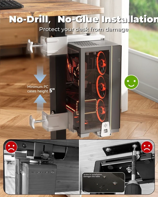 Alt view image 8 of 10 - JOY worker Upgraded Under Desk PC Mount for Standing Desk, Clamp-On Desk Leg Computer Mount with Extra Protective Arms, Adjustable Computer Case CPU Holder Holds Up to 44lbs, White