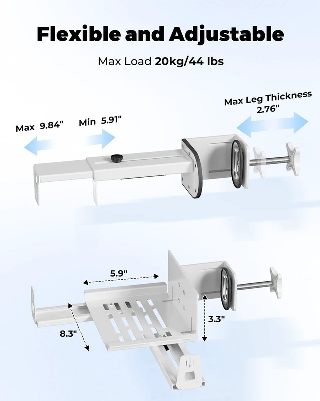 Alt view image 7 of 10 - JOY worker Upgraded Under Desk PC Mount for Standing Desk, Clamp-On Desk Leg Computer Mount with Extra Protective Arms, Adjustable Computer Case CPU Holder Holds Up to 44lbs, White