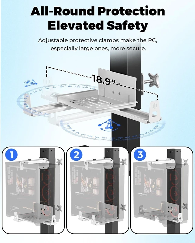 Alt view image 9 of 10 - JOY worker Upgraded Under Desk PC Mount for Standing Desk, Clamp-On Desk Leg Computer Mount with Extra Protective Arms, Adjustable Computer Case CPU Holder Holds Up to 44lbs, White