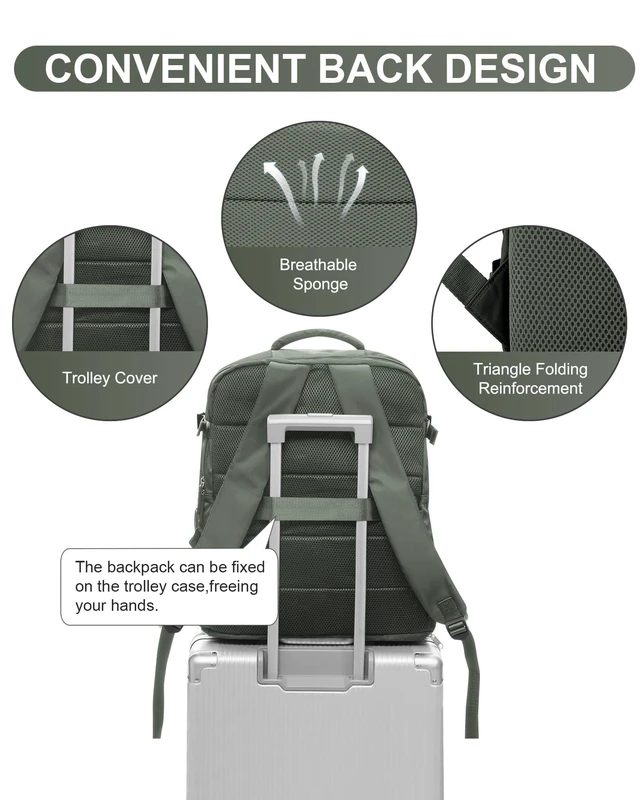 Alt view image 10 of 10 - WONHOX Large Travel Backpack Women,Carry On Backpack Flight Approved 18x14x8 inches Bag Spirit Airlines Personal ltem,College Sports Hiking Rucksack Laptop Blackpack mochila de viaje,Green