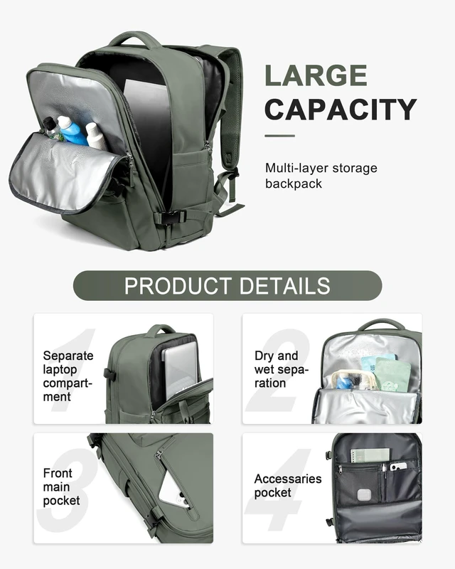 Alt view image 9 of 10 - WONHOX Large Travel Backpack Women,Carry On Backpack Flight Approved 18x14x8 inches Bag Spirit Airlines Personal ltem,College Sports Hiking Rucksack Laptop Blackpack mochila de viaje,Green