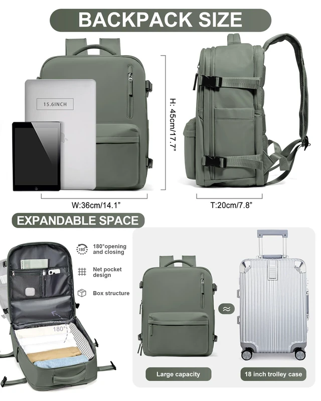 Alt view image 8 of 10 - WONHOX Large Travel Backpack Women,Carry On Backpack Flight Approved 18x14x8 inches Bag Spirit Airlines Personal ltem,College Sports Hiking Rucksack Laptop Blackpack mochila de viaje,Green