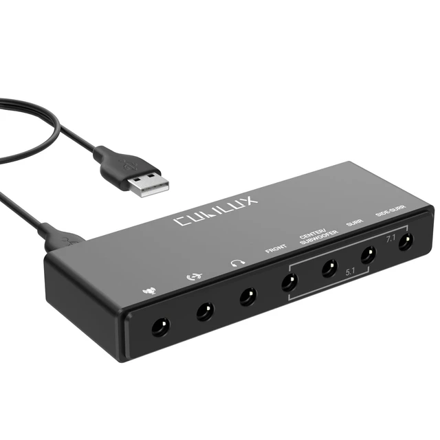 Alt view image 6 of 10 - Cubilux 7.1 USB Surround Sound Card- 48KHz-384KHz Sample Rate for Headphones, Full Aluminum Alloy USB A External Sound Card for Laptop PC-Supports Line-in & Stereo Mic in