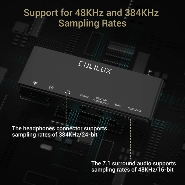 Alt view image 9 of 10 - Cubilux 7.1 USB Surround Sound Card- 48KHz-384KHz Sample Rate for Headphones, Full Aluminum Alloy USB A External Sound Card for Laptop PC-Supports Line-in & Stereo Mic in