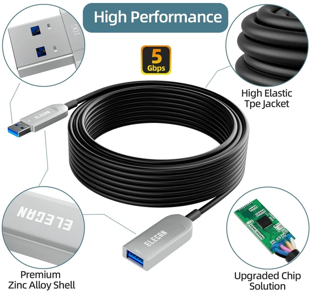 Alt view image 7 of 10 - Elecan Active Optical USB 3.0 Extension Cable 50 FT Fiber Optic Type A Male to Female USB Extension Cord USB Extender 5Gbps Data Transfer for Webcam,Gamera, USB Hub, Keyboard, Hard Drive, Printer