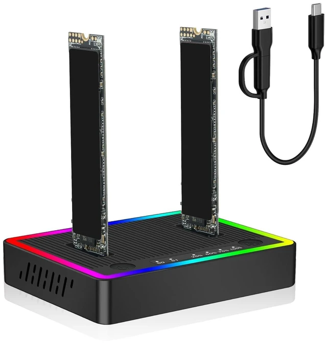 Alt view image 6 of 10 - M.2 NVMe SATA SSD Cloner Dock, Dual NVMe SATA SSD Enclosure, 20Gbps USB3.2 Gen 2X2 SSD to USB Adapter,M.2 Duplicator Cloner for Both (M Key,B+M Key) Tool-Free,Support Offline Clone-RGB Plastic