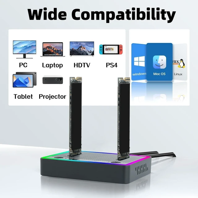 Alt view image 7 of 10 - M.2 NVMe SATA SSD Cloner Dock, Dual NVMe SATA SSD Enclosure, 20Gbps USB3.2 Gen 2X2 SSD to USB Adapter,M.2 Duplicator Cloner for Both (M Key,B+M Key) Tool-Free,Support Offline Clone-RGB Plastic