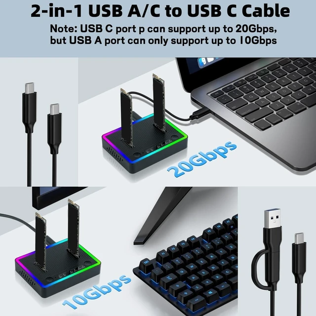 Alt view image 9 of 10 - M.2 NVMe SATA SSD Cloner Dock, Dual NVMe SATA SSD Enclosure, 20Gbps USB3.2 Gen 2X2 SSD to USB Adapter,M.2 Duplicator Cloner for Both (M Key,B+M Key) Tool-Free,Support Offline Clone-RGB Plastic